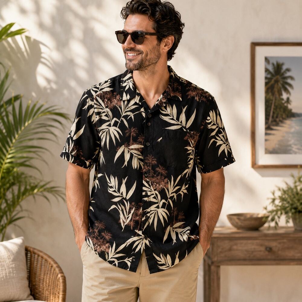 Haggar Hawaiian Camp Shirt Men’s Medium Black Palm Tree Tropical 100% Cotton